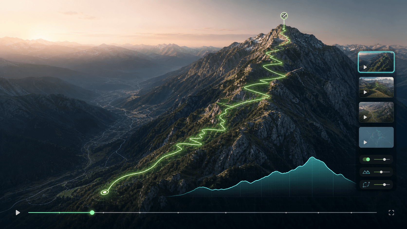 A cinematic PathCine route flyover preview with glowing route line and elevation profile